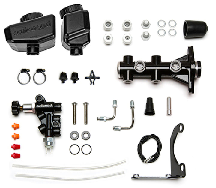 Wilwood Remote Tandem M/C Kit w/Bracket and Valve - 1.12in Bore Black - Bull Strap
