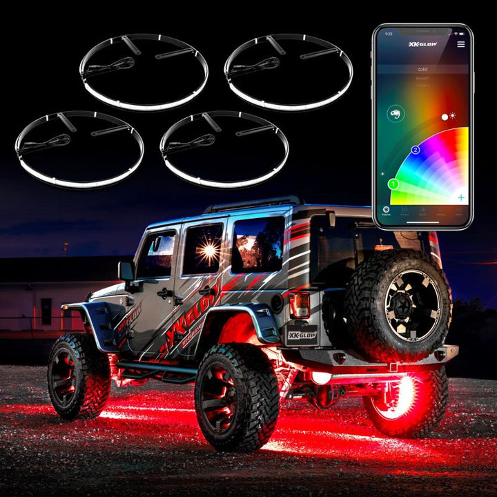 XK Glow Adjustable Wheel Ring Light Kit XKchrome App controlled w/ Turn Signal Function 4pc 15-18In - Bull Strap