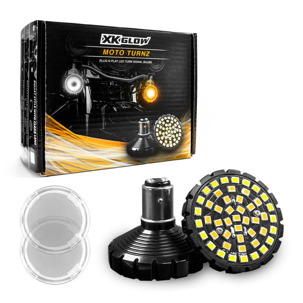 XK Glow Motorcycle Front LED Turn Signal Kit - Bullet Style Clear Lenses - Bull Strap
