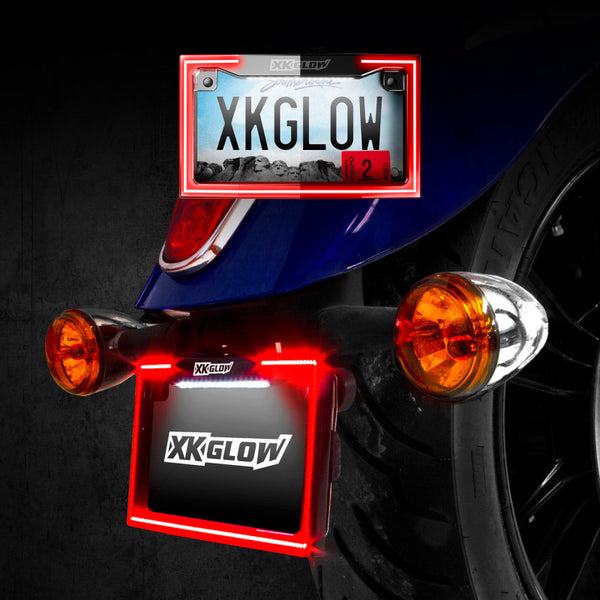 XK Glow Motorcycle License Plate Frame Light w/ Turn Signal - Black - Bull Strap