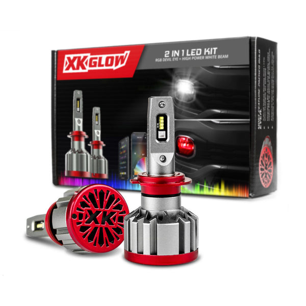 XK Glow RGB 2In1 LED Headlight Bulb Million Color XKCHROME App RGB/LED Headlight Kit - 2x H7 - Bull Strap