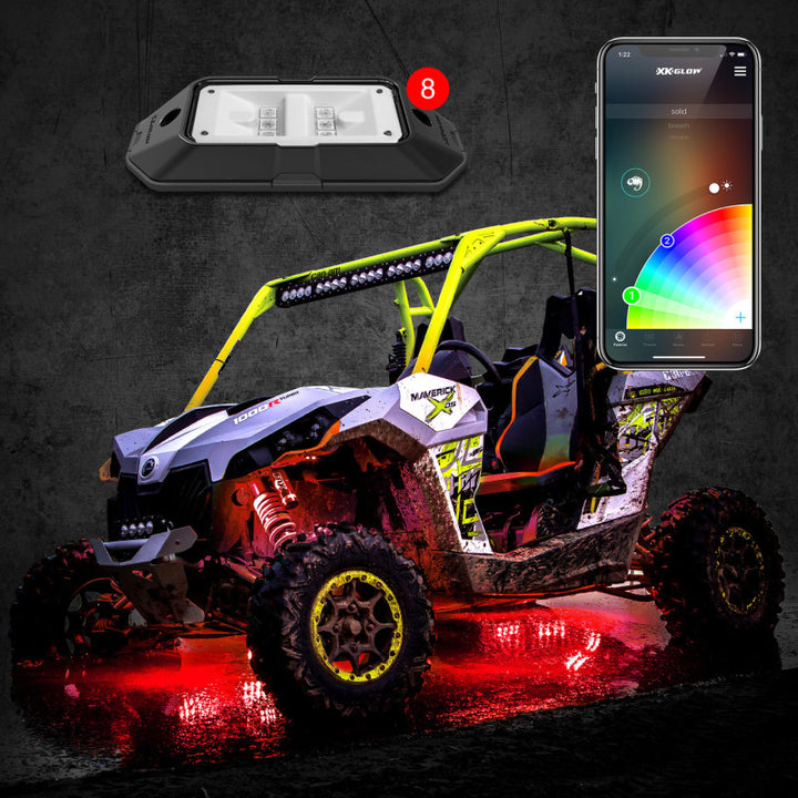 XK Glow Rock Light w/ XKchrome App Controlled Bluetooth Advanced Kit 8pc RGB 6W - Bull Strap