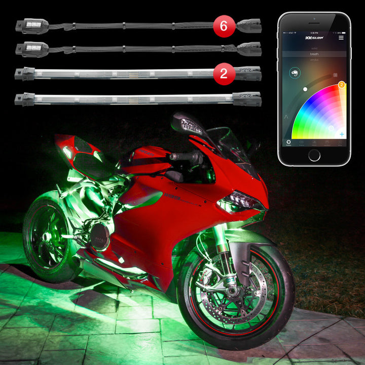 XK Glow Strip Million Color XKCHROME Smartphone App ATV/Motorcycle LED Light Kit 6xPod + 2x10In - Bull Strap