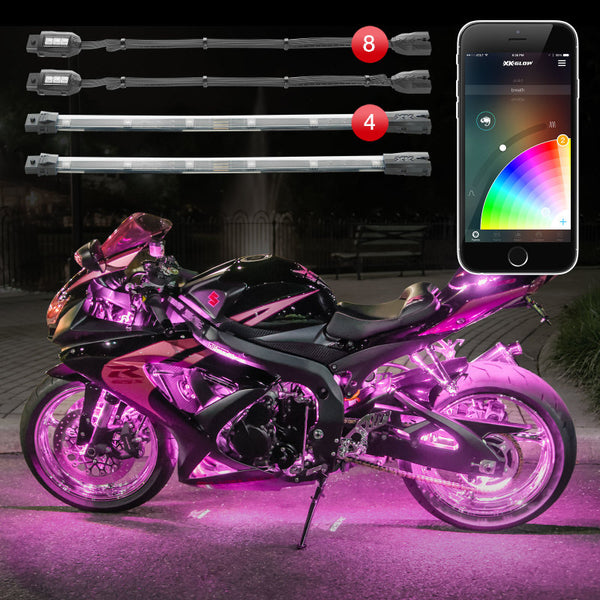 XK Glow Strip Million Color XKCHROME Smartphone App ATV/Motorcycle LED Light Kit 8xPod + 4x10In - Bull Strap