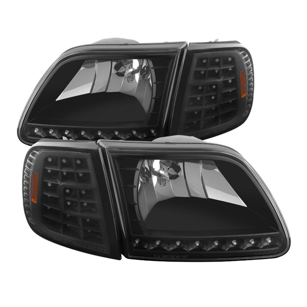 xTune Ford F150 97-03 Crystal Headlights w/ Clear LED Corners Black HD-ON-FF15097-LED-SET-BK - Bull Strap