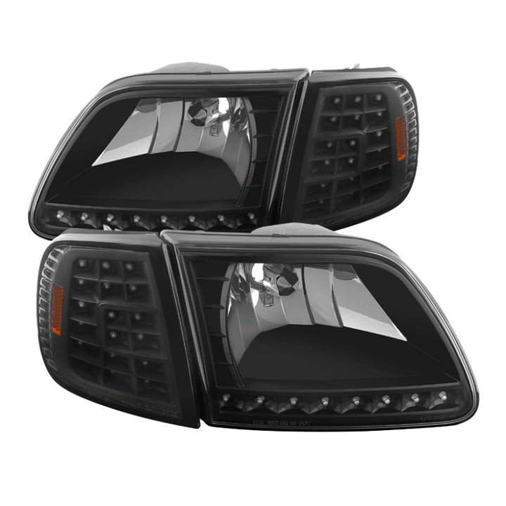 xTune Ford F150 97-03 Crystal Headlights w/ Clear LED Corners Black HD-ON-FF15097-LED-SET-BK - Bull Strap