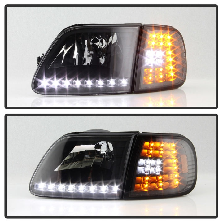 xTune Ford F150 97-03 Crystal Headlights w/ Clear LED Corners Black HD-ON-FF15097-LED-SET-BK - Bull Strap