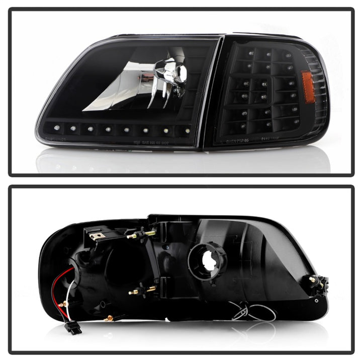 xTune Ford F150 97-03 Crystal Headlights w/ Clear LED Corners Black HD-ON-FF15097-LED-SET-BK - Bull Strap