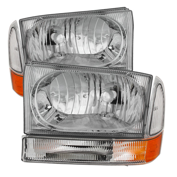 xTune Ford F250/350/450 Superduty 99-04 Crystal Headlights w/ Bumper Lights HD-JH-FF25099-AM-C - Bull Strap