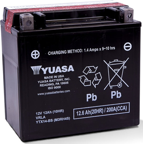 Yuasa YTX14-BS Maintenance Free AGM 12-Volt Battery w/Bottle - Bull Strap