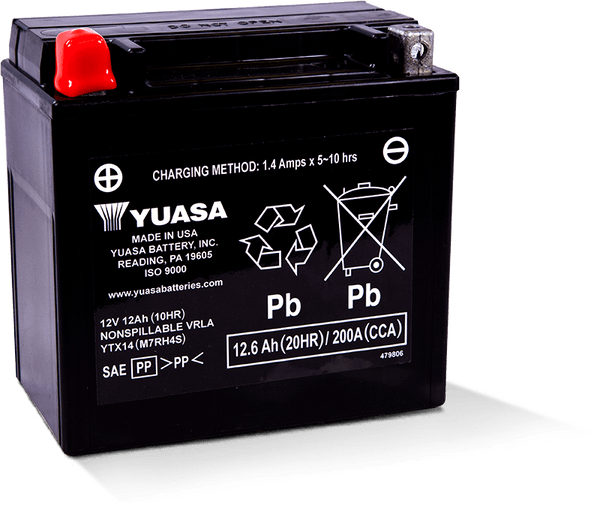 Yuasa YTX14 Maintenance Free AGM 12-Volt Battery - Bull Strap