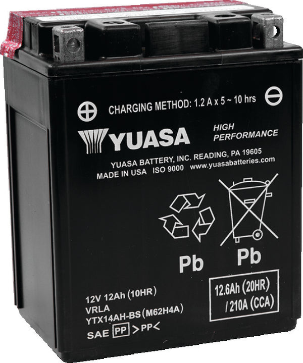 Yuasa YTX14AH-BS High Performance AGM 12-Volt Battery w/Bottle - Bull Strap