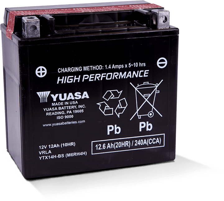Yuasa YTX14H-BS High Performance AGM 12-Volt Battery w/Bottle - Bull Strap