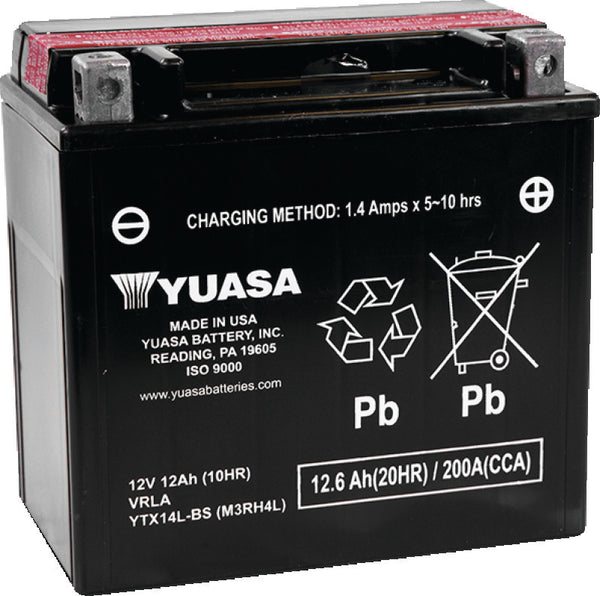 Yuasa YTX14L-BS Maintenance Free AGM 12-Volt Battery w/Bottle - Bull Strap