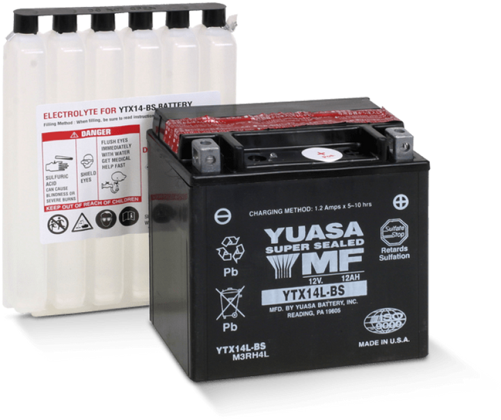 Yuasa YTX14L-BS Maintenance Free AGM 12-Volt Battery w/Bottle - Bull Strap