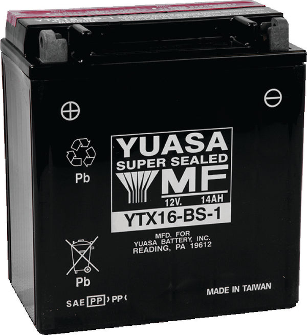 Yuasa YTX16-BS-1 Maintenance Free AGM 12-Volt Battery w/Bottle - Bull Strap