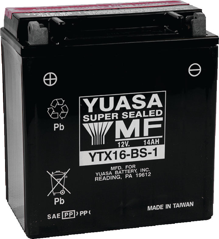 Yuasa YTX16-BS-1 Maintenance Free AGM 12-Volt Battery w/Bottle - Bull Strap