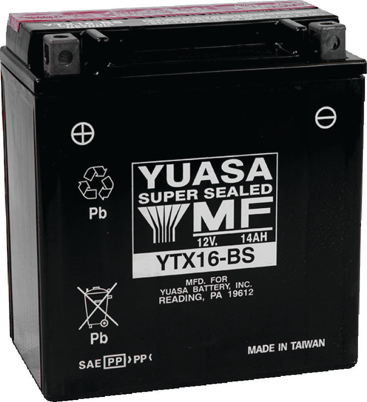 Yuasa YTX16-BS Maintenance Free AGM 12-Volt Battery w/Bottle - Bull Strap