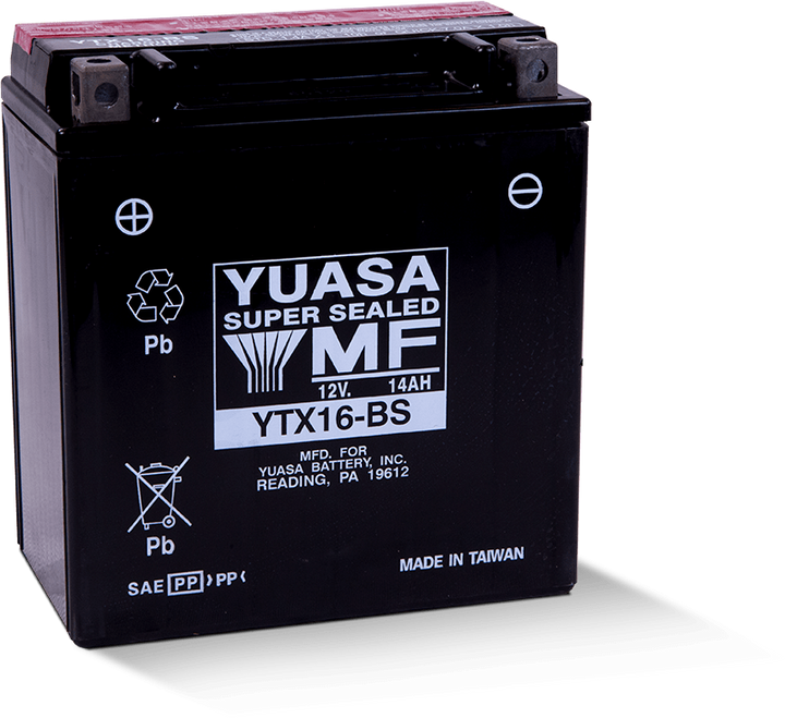 Yuasa YTX16-BS Maintenance Free AGM 12-Volt Battery w/Bottle - Bull Strap