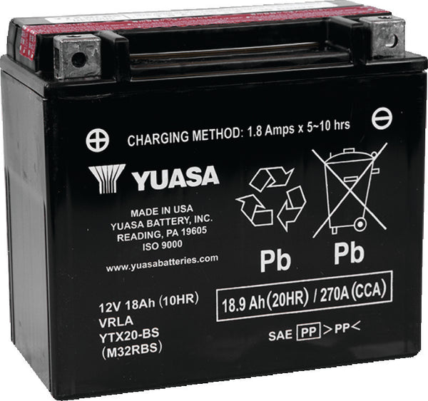 Yuasa YTX20-BS Maintenance Free AGM 12-Volt Battery w/Bottle - Bull Strap