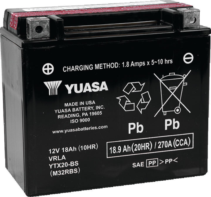 Yuasa YTX20-BS Maintenance Free AGM 12-Volt Battery w/Bottle - Bull Strap