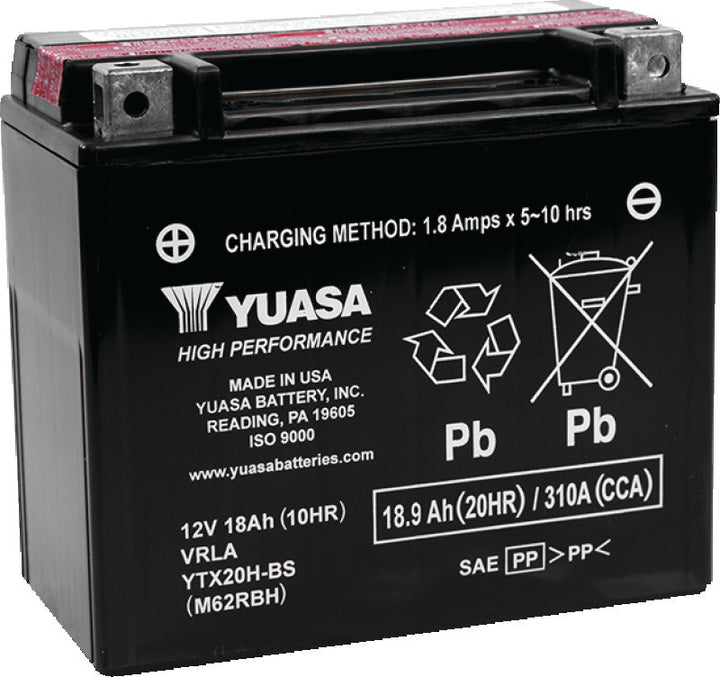 Yuasa YTX20H-BS High Performance AGM 12-Volt Battery w/Bottle - Bull Strap