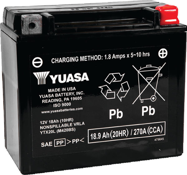 Yuasa YTX20L-BS Maintenance Free AGM 12-Volt Battery w/Bottle - Bull Strap
