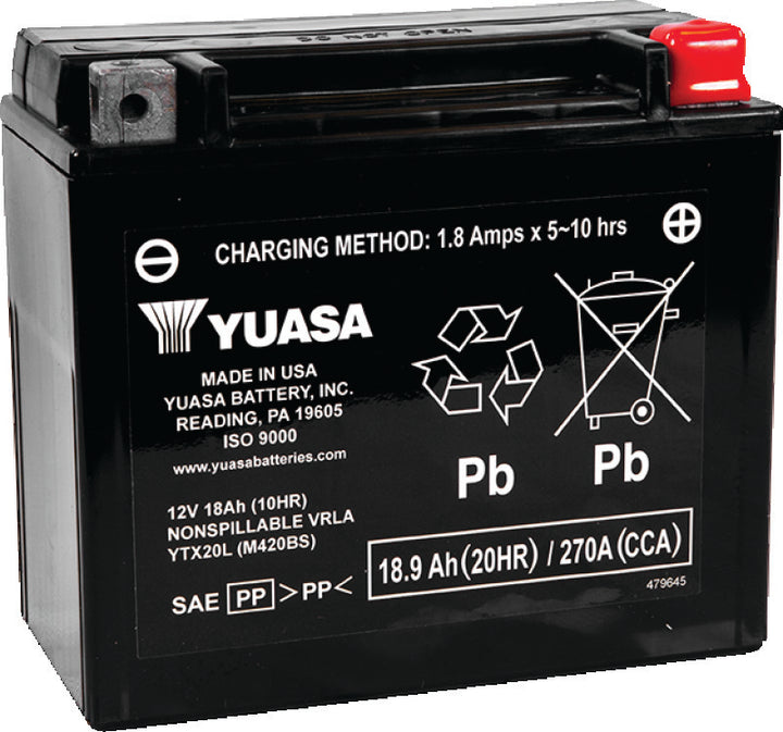 Yuasa YTX20L-BS Maintenance Free AGM 12-Volt Battery w/Bottle - Bull Strap