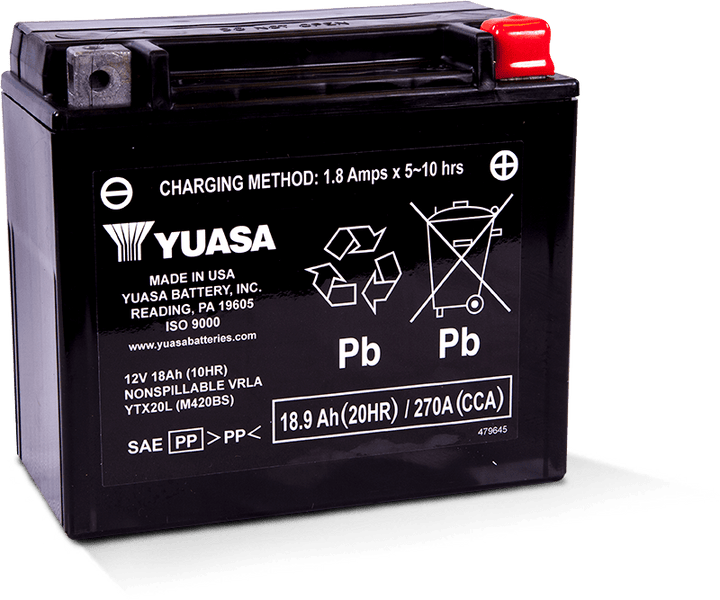 Yuasa YTX20L Maintenance Free AGM 12-Volt Battery - Bull Strap