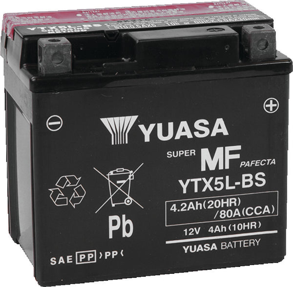Yuasa YTX5L-BS Maintenance Free AGM 12-Volt Battery w/Bottle - Bull Strap