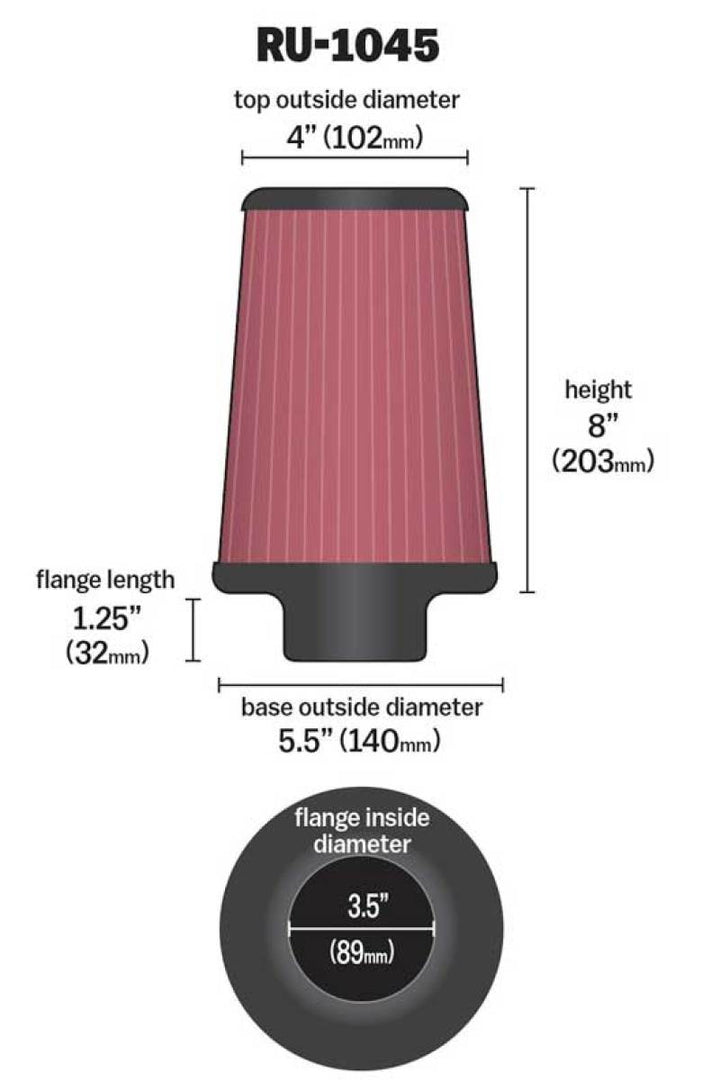 K&N Universal Tapered Filter 3.5in Flange ID x 5.5in Base OD x 4in Top OD x 8in Height - Bull Strap