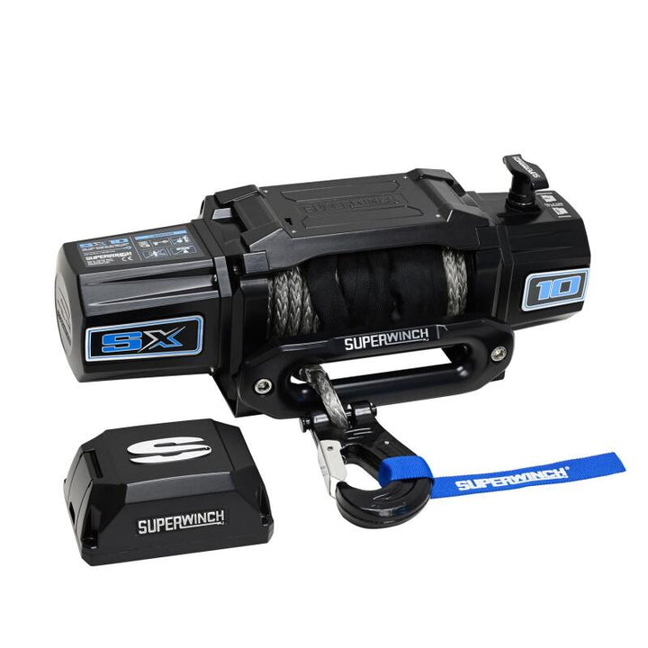 Superwinch 10000 LBS 12V DC 3/8in x 80ft Synthetic Rope SX10SR Winch - Semi Gloss Black - Bull Strap