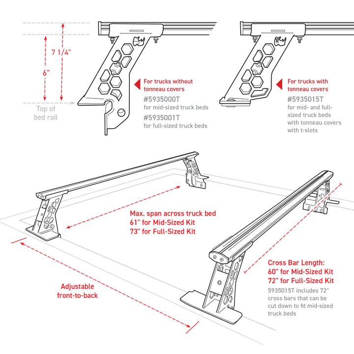Go Rhino 15-22 Ford F-150 / 07-21 Toy. Tundra XRS Cross Bars Kit - Tex Blk (Attch Tonneau Cvr T-Trk) - Bull Strap