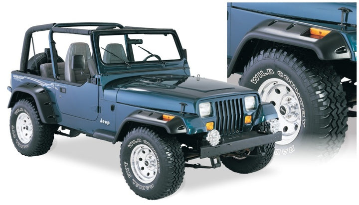 Bushwacker 87-95 Jeep Wrangler Cutout Style Flares 4pc Cutting Optional Not Renegade - Black - Bull Strap