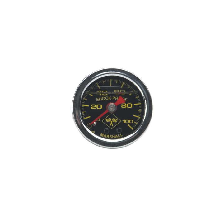 Russell Performance 100 psi fuel pressure gauge black face chrome case (Liquid-filled) - Bull Strap