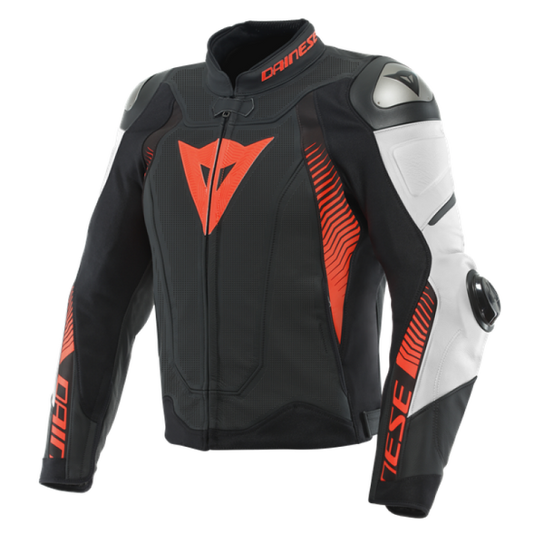 Dainese Super Speed 4 Perforated Leather Jacket Matte Black/White/Fluorescent Red Size - 56 - Bull Strap