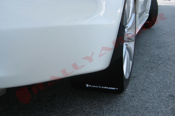 Rally Armor 07-17 Mitsubishi Lancer Black UR Mud Flap w/ White Logo - Bull Strap