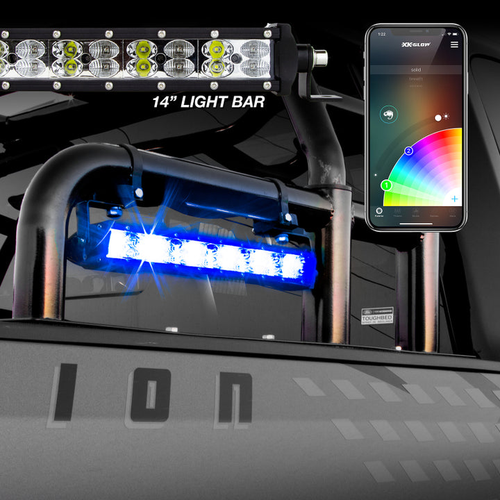XK Glow RGBW Light Bar High Power Offroad Work/Hunting Light w/ Bluetooth Controller 14In - Bull Strap