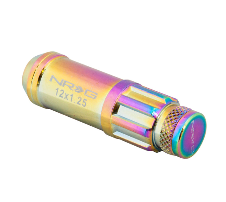 NRG 700 Series M12 X 1.5 Steel Lug Nut w/Dust Cap Cover Set 21 Pc w/Locks & Lock Socket - Neochrome - Bull Strap