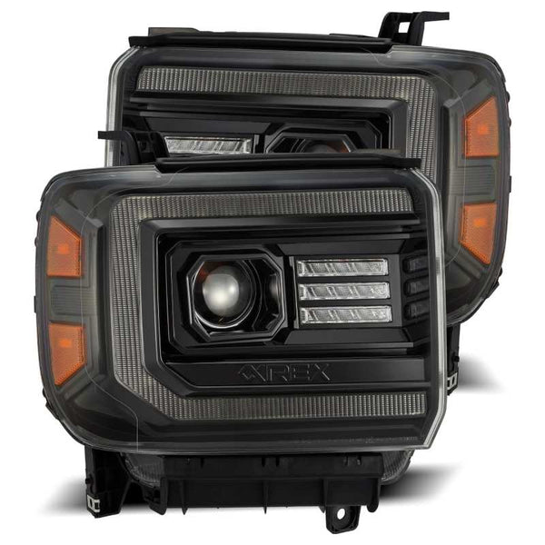 AlphaRex 14-18 GMC Sierra LUXX LED Proj Headlights Plnk Style Alpha Blk w/Activ Light/Seq Signal/DRL - Bull Strap
