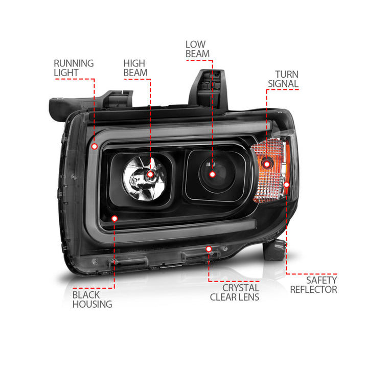 ANZO 2015+ GMC Canyon Projector Headlights w/ Plank Style Design Black w/ Amber - Bull Strap