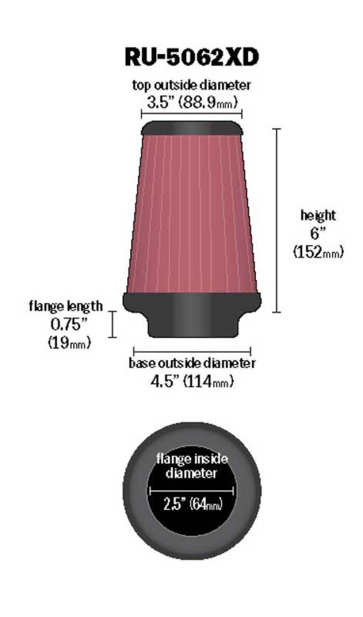 K&N Universal Rubber Filter 2-1/2in Flg / 4-1/2in OD B / 3-1/2in OD T / 6in H - Black Top - Bull Strap