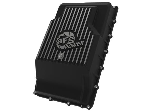 aFe 17-24 Ford F-150 10R60/10R80 Pro Series Rear Transmission Pan Black w/ Machined Fins - Bull Strap
