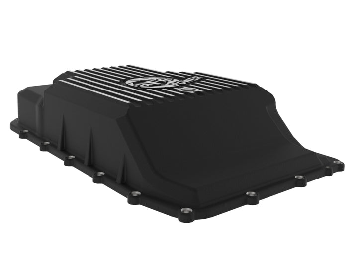 aFe 17-24 Ford F-150 10R60/10R80 Pro Series Rear Transmission Pan Black w/ Machined Fins - Bull Strap