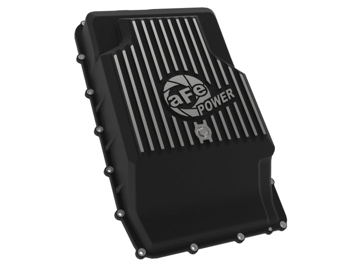 aFe 17-24 Ford F-150 10R60/10R80 Pro Series Rear Transmission Pan Black w/ Machined Fins - Bull Strap