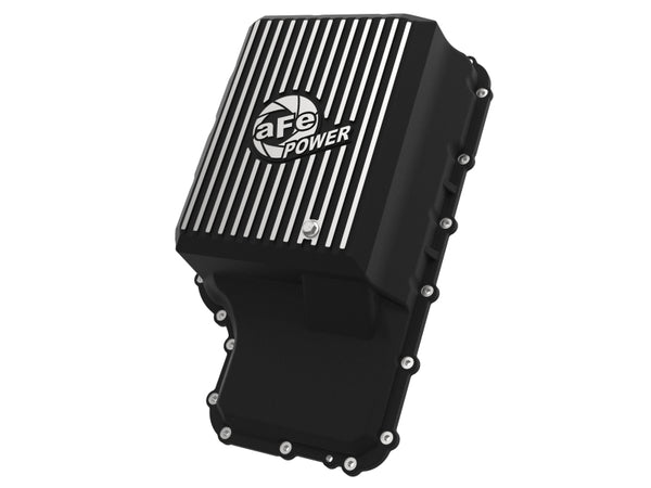 aFe 20-21 Ford Truck w/ 10R140 Transmission Pan Black POWER Street Series w/ Machined Fins - Bull Strap