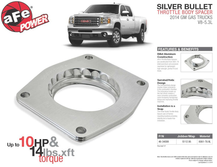 aFe Silver Bullet Throttle Body Spacers TBS 2014 GM Silverado/Sierra 1500 V8 5.3L - Bull Strap