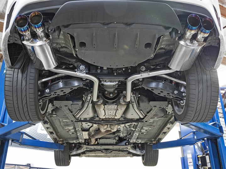 aFe Takeda 16-17 Lexus RC 200T 2.0L (t) 2in. SS Axle-Back Exhaust System w/Polished Blue Tips - Bull Strap