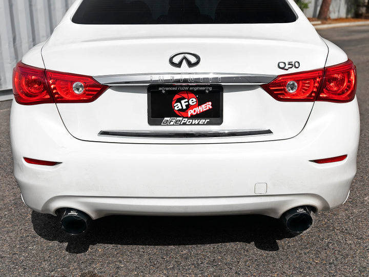 aFe Takeda 2.5in 304 SS Cat-Back Exhaust System w/ Black Tips 16-18 Infiniti Q50 V6-3.0L (tt) - Bull Strap