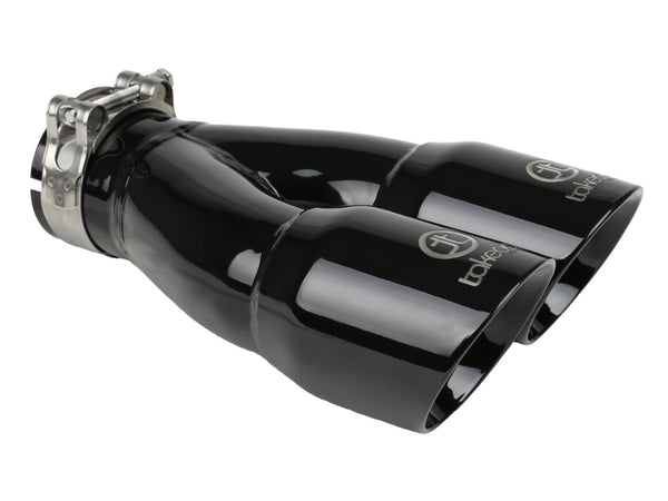 aFe Takeda 2.5in 304 Stainless Steel Clamp-on Exhaust Tip 2.5in Inlet 3in Dual Outlet - Black - Bull Strap